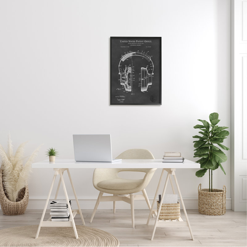 Schéma détaillé d'écouteurs de musique, L 24 po x H 24 po, Giclée encadrée noir minuit