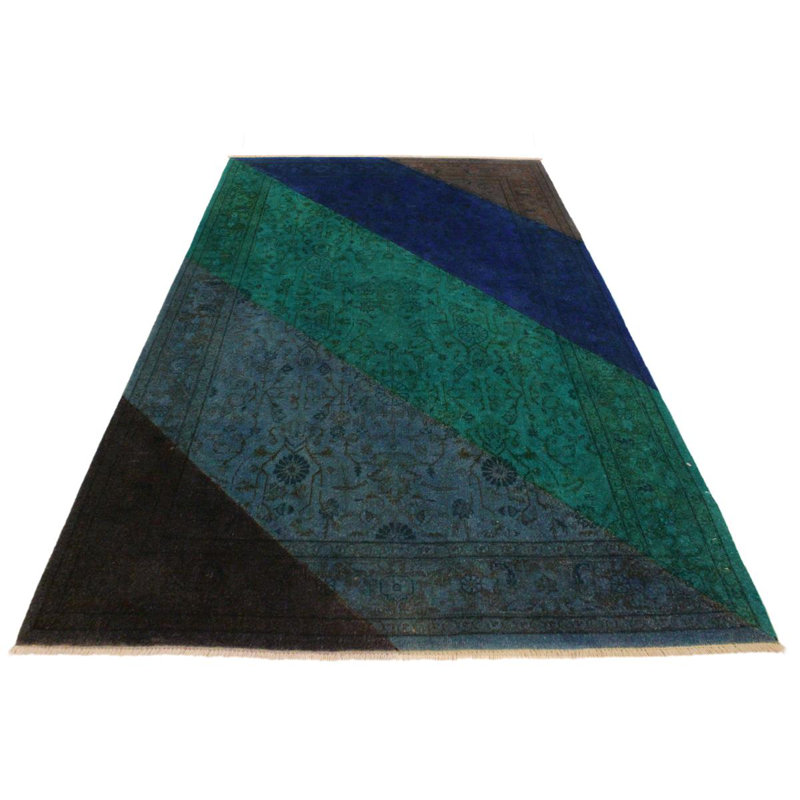 Tapis rayé bleu / vert en laine noué à la main 4 pi 1 po x 6 pi 0 po Moraal