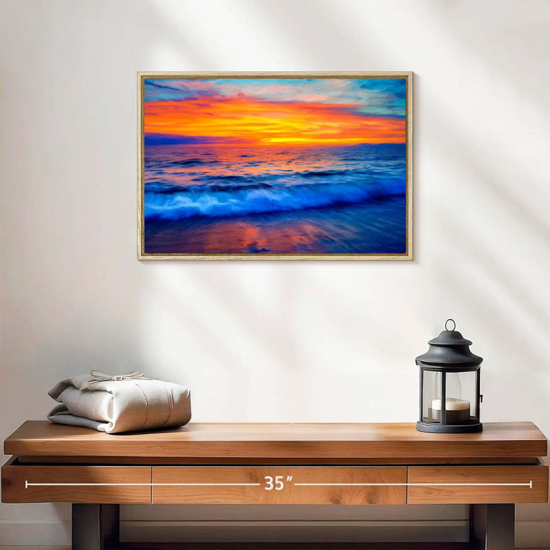 Coucher de soleil hypnotique, Cadre flottant en bois naturel, 19 po x 13 po