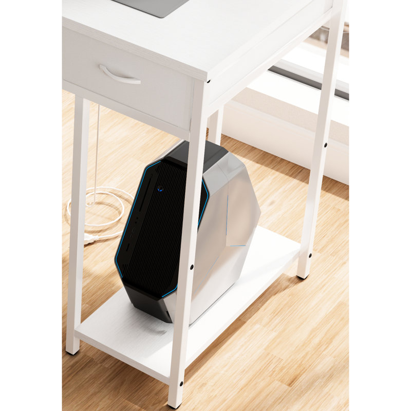 Bureau d'ordinateur de 47 po avec prise d'alimentation, 7 tiroirs en tissu, grande poche latérale, prise de poste de travail rectangulaire blanche et texturée