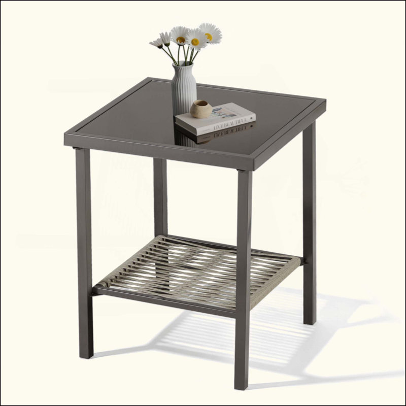 All Weather Outdoor Wicker Side Table, Square Small Patio End Table for Balcony, Deck, Pool & Backyard