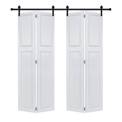 Dual 2Panel Cottagestyle Bi-Fold  Door 3/4" Thick 36 In. X 84 In. Mdf White Barn Sliding Door With Hardware Kit