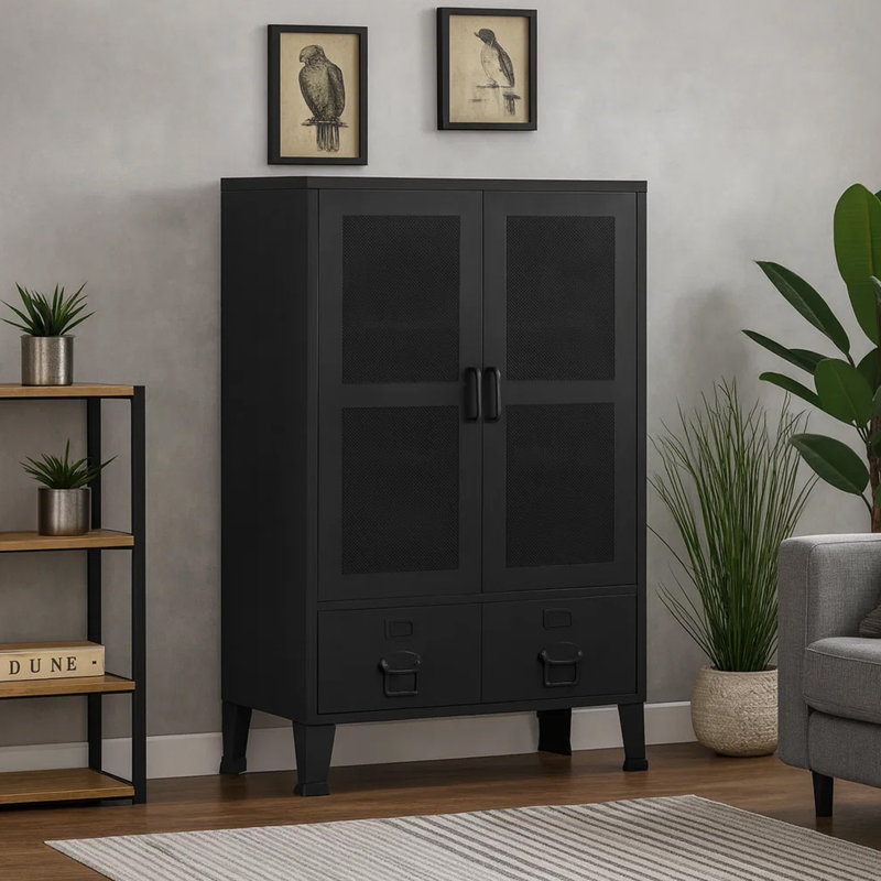 Armoire de bureau haute Miry, 2 tiroirs avec 2 portes avant en filet, acier noir