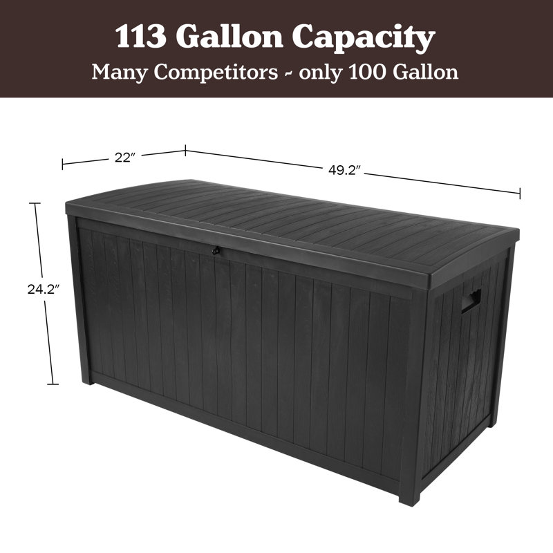 113 Gallon Black Faux Wood Lockable Deck Storage Box