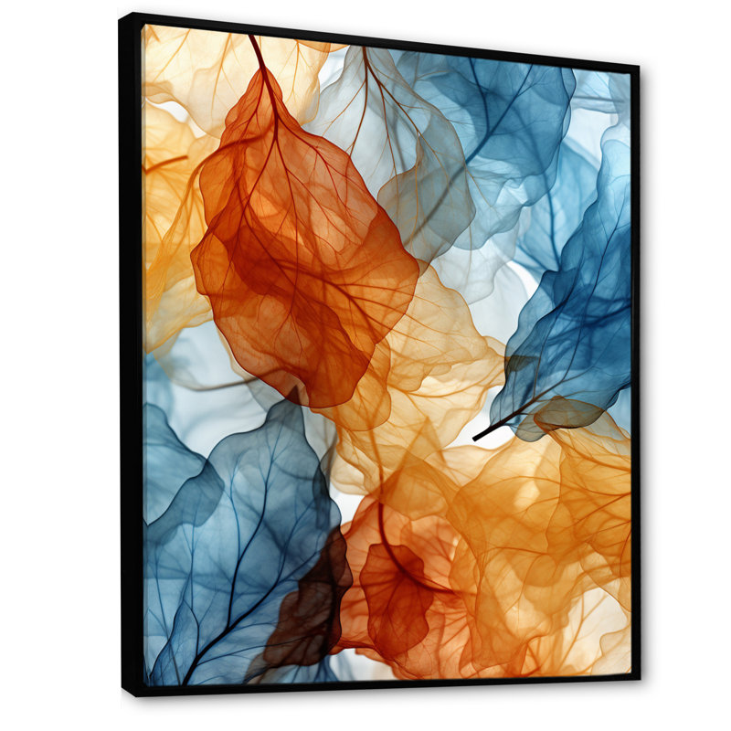 Rétro motif de feuille orange et bleu - formes abstraites, art mural, salon, H 44 po x l 34 po x P 1,5 po