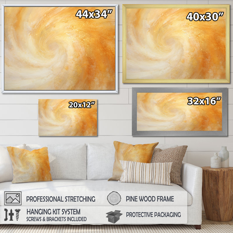 «Champagne Sunrise Spiral», art abstrait sur toile, H 30 po x l 40 po x P 1,5 po, Cadre flottant noir