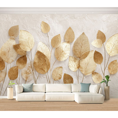 Papier peint adhésif autocollant amovible à feuilles neutres dorées et adhésives pour salon, chambre à coucher H 100 po x l 144 po