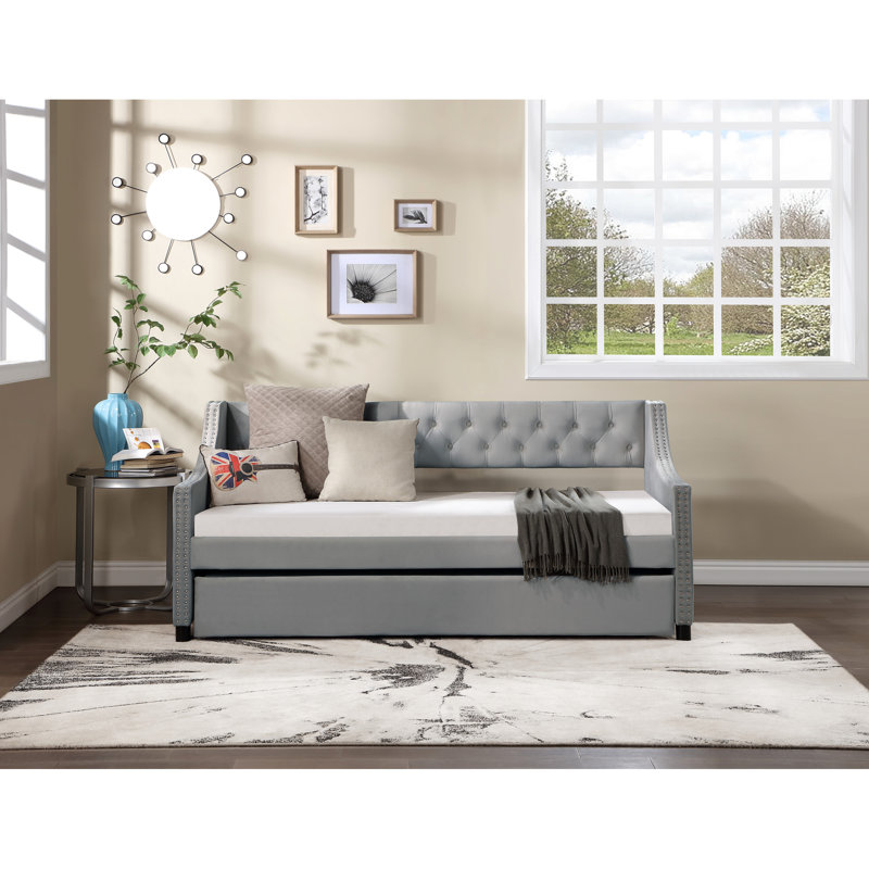Lit de jour simple rembourré avec lit gigogne, cadre de lit en bois massif et clous en cuivre, merveilleux pour la chambre à coucher et la chambre d'amis, gris, sommier non nécessaire Forte Excellente requise