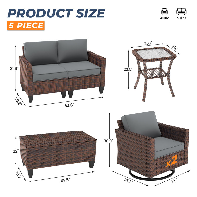 Ensemble de conversation d'extérieur 5 pièces avec tablette, canapé en osier compact et 2 chaises avec table d'appoint, Brun