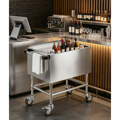 22.4"W Commercial Stainless Steel Ice Bin Cart with Handle, Sliding Lid & Bottle Holders, Heavy-Duty Mobile Ice Chest Cooler for Bar, Restaurant, Pub, Cocktail Station