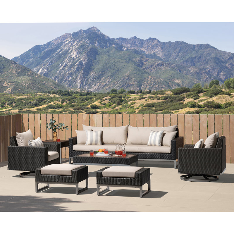8 Piece Motion Deep Seating Patio Conversation Set, Brown, Canvas Jockey Red Sunbrella® Canvas