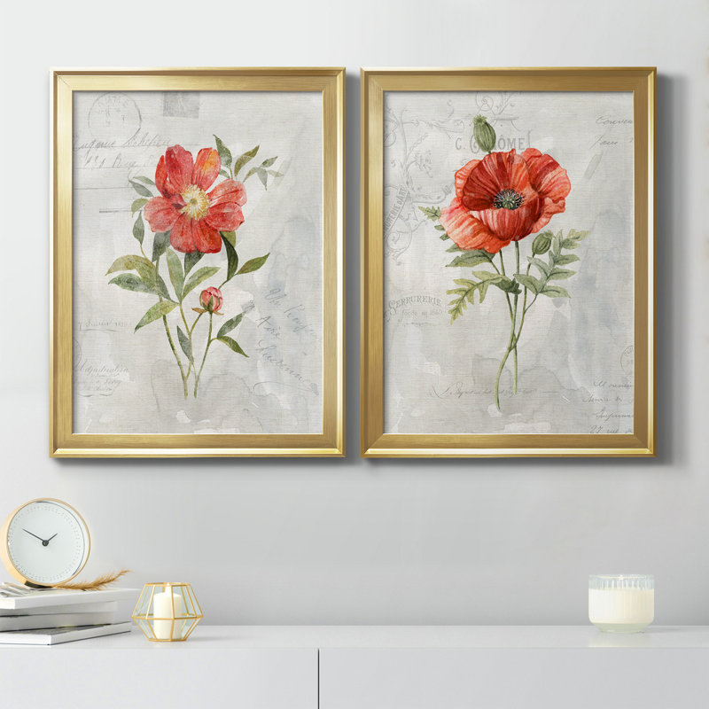 Lin pivoine - ensemble de 2 peintures sur toile, H 22,5 po x l 61 po x P 1,5 po, Gold Framed Canvas