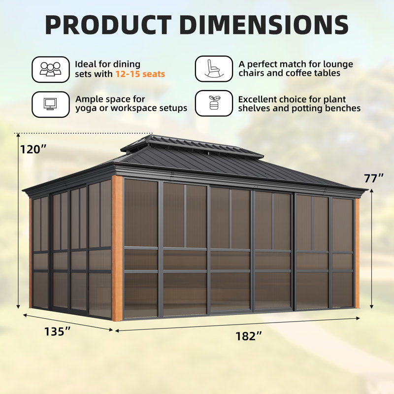 12' X 16' Sunroom, Gazebo With Slide Doors & Mesh, Wood Grain Appearance Solarium For Backyard Patio