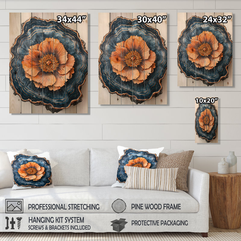 Pivoines oranges sur pierre Wilde III - décoration murale pivoines sur bois de pin naturel, H 32 po x l 24 po x P 0,78 po