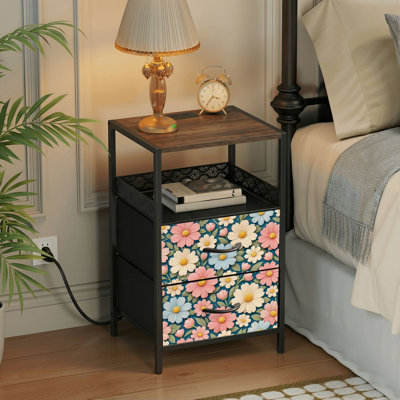  Table de chevet 24,2 po à 2 tiroirs Pastel floral rose bleu crème fleurs feuilles vertes table d'appoint avec station de charge