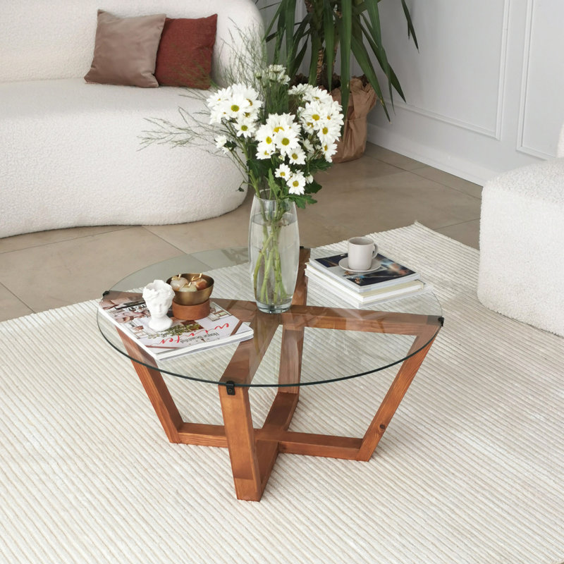Modern Coffee Table with 100% Tempered Glass Top, 29.5 x 13.8 x 29.5 inches | Sturdy 100% Pine Wood Frame in Elegant Wooden Finish | Perfect for Living Room, Stylish Design & Durable Construction