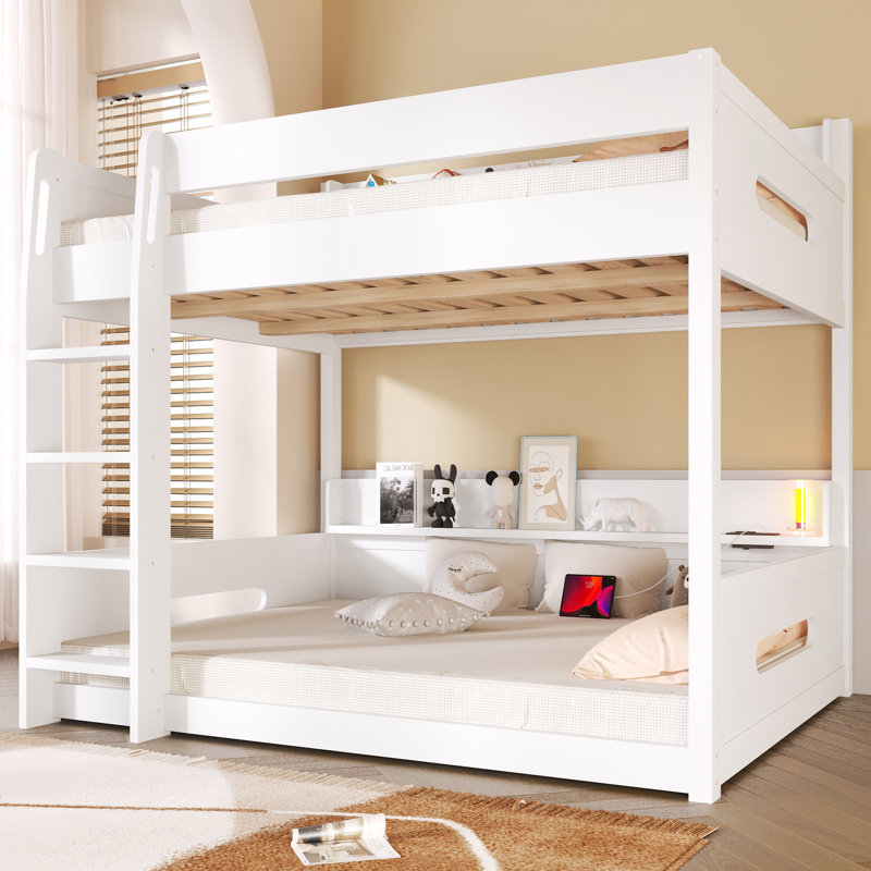  Queen Over Queen Bunk Bed with Storage Shelves and USB Ports, White, White