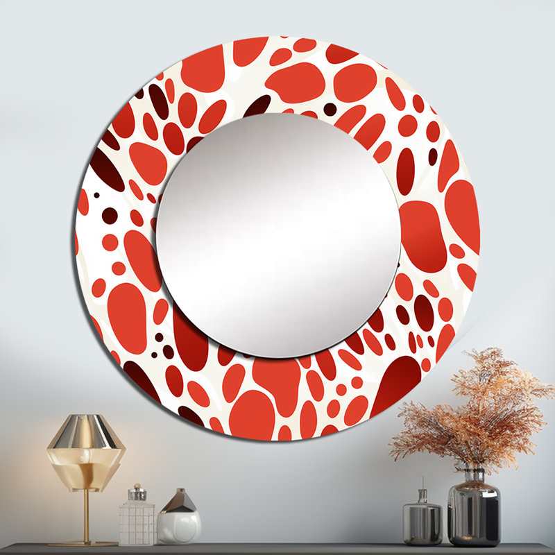Red And White Polka Dots Pattern - Polka dots  Large Wall Mirror, Red Decorative Mirror, Printed Metal Art, 23" x 23", Round