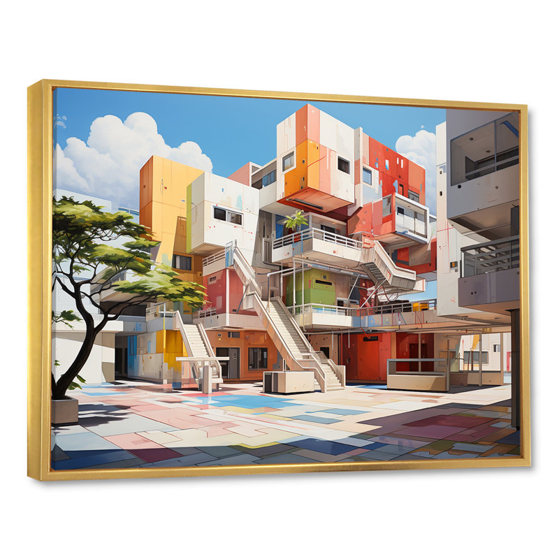 Abstrait école de couleurs sur toile, Cadre flottant doré, H 34 po x l 44 po x P 1,5 po