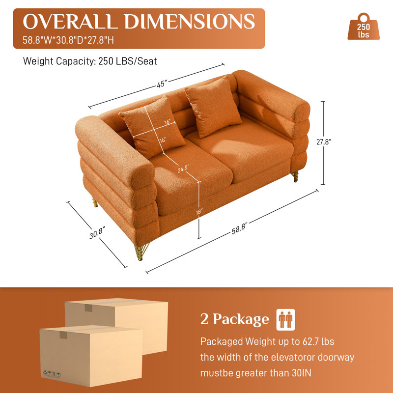Marypatricia 58" Upholstered Loveseat with 2 Pillows, Modern Sofa Couch, Orange Teddy