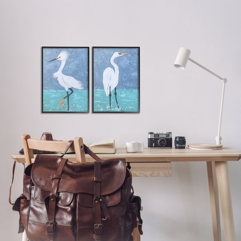 «Snowy Egret Pond», ensemble de 2 estampes numériques par Jade Reynolds, Giclée encadrée noir minuit, H 18 po x l 12 po