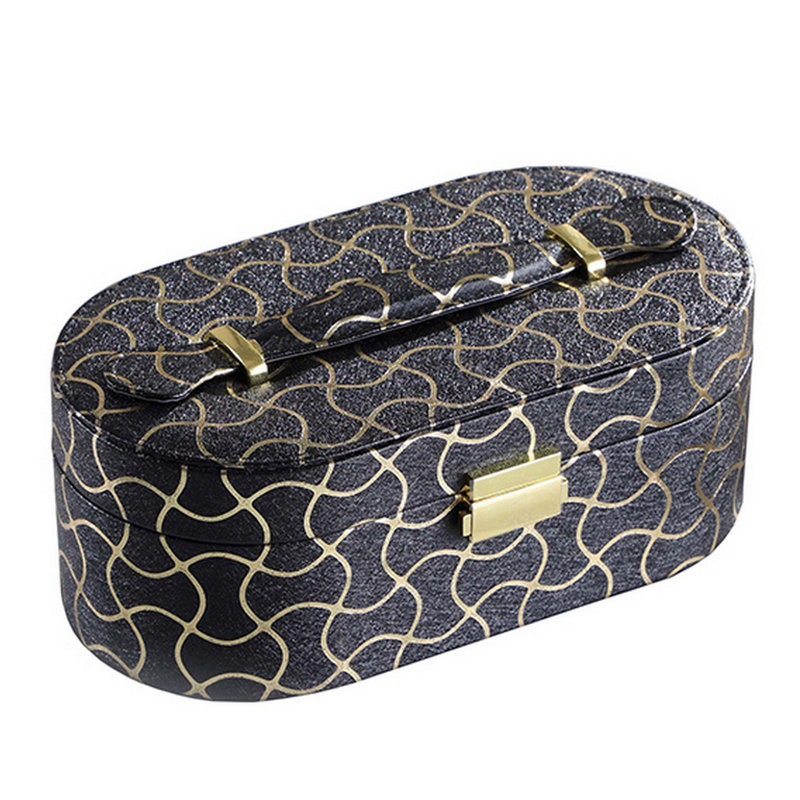  Travel Jewelry Case with 2 Semicircle Slots and Wavy Pattern, Black