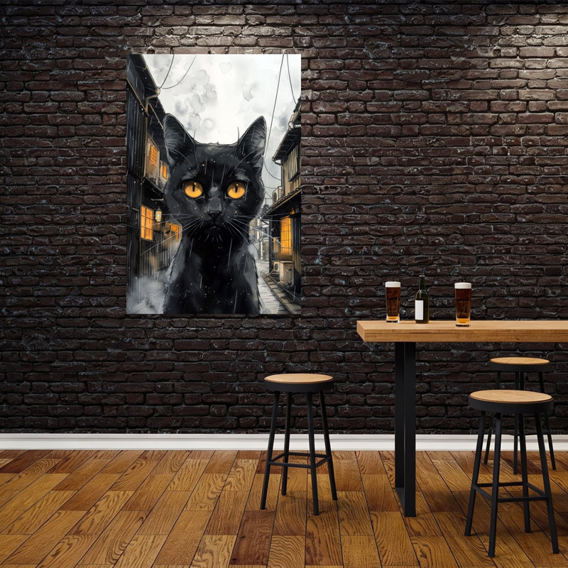 Black Cat Rainy Night Abstract Contemporary Cat Architecture City Wall Art Print 1 Piece Wrapped Canvas Wall Art