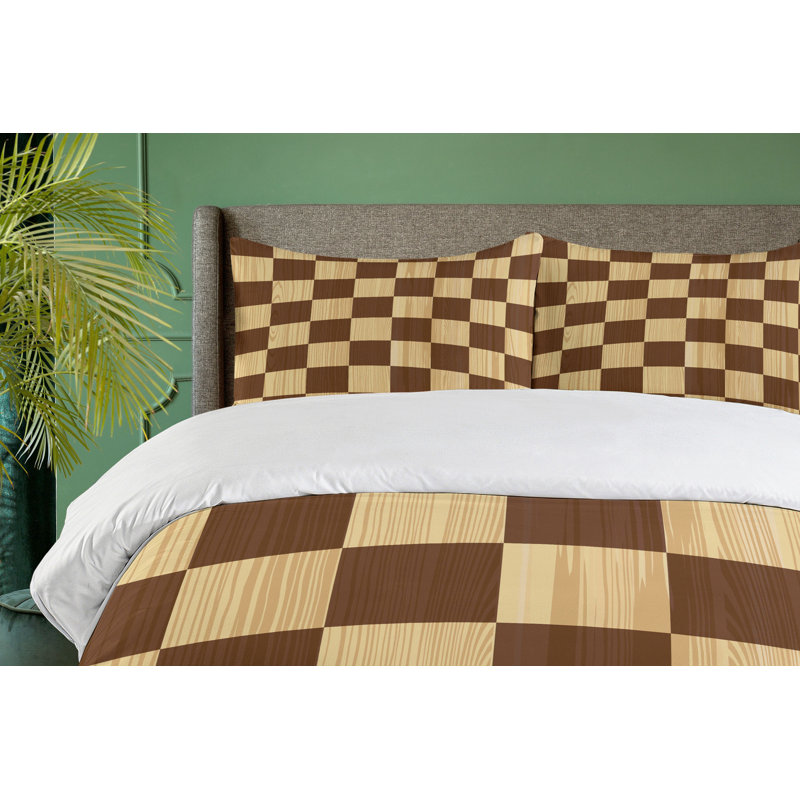 California King Brown Checkered Duvet Cover Set with Pillow Shams
