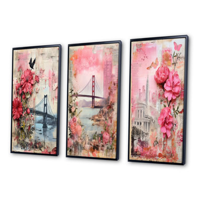 " Golden Gate San Francisco Retro Pink Collage I " 3 - Pieces