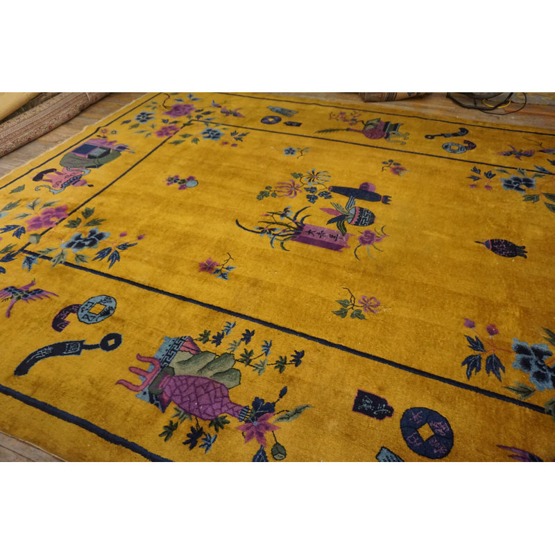 Yellow Gold Color Antique Wool Pile Chinese Art Deco Room Size Rug