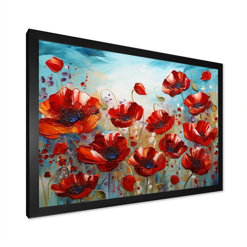 Coquelicots rouges en fleurs sur toile, H 16 po x l 32 po x P 1 po, Cadre simple noir