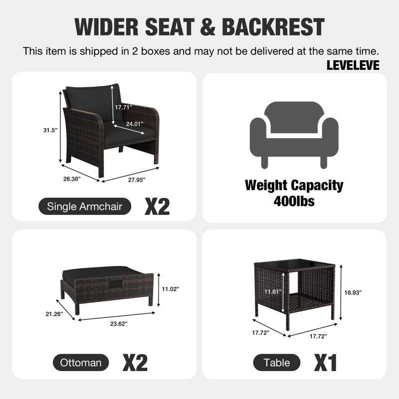 5-Piece Patio Conversation Set, Outdoor PE Wicker Rattan Lounge Chairs with Cushions, 2 Ottomans & Glass Table for Balcony & Porch