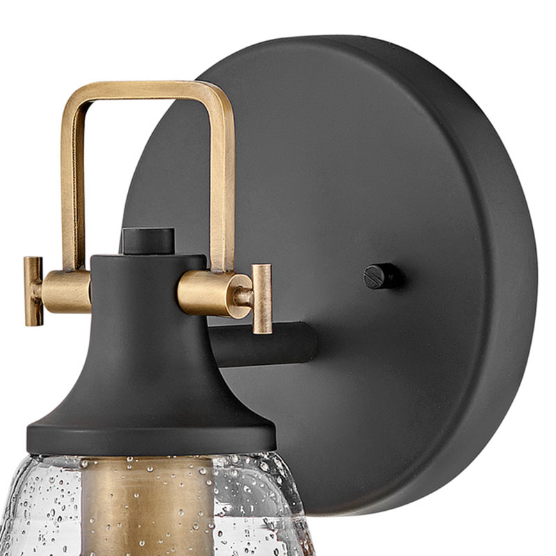 Easton Single Light Bath Vanity Fixture w/ Clear Seedy Glass Shade, Lacquered Brass/Black