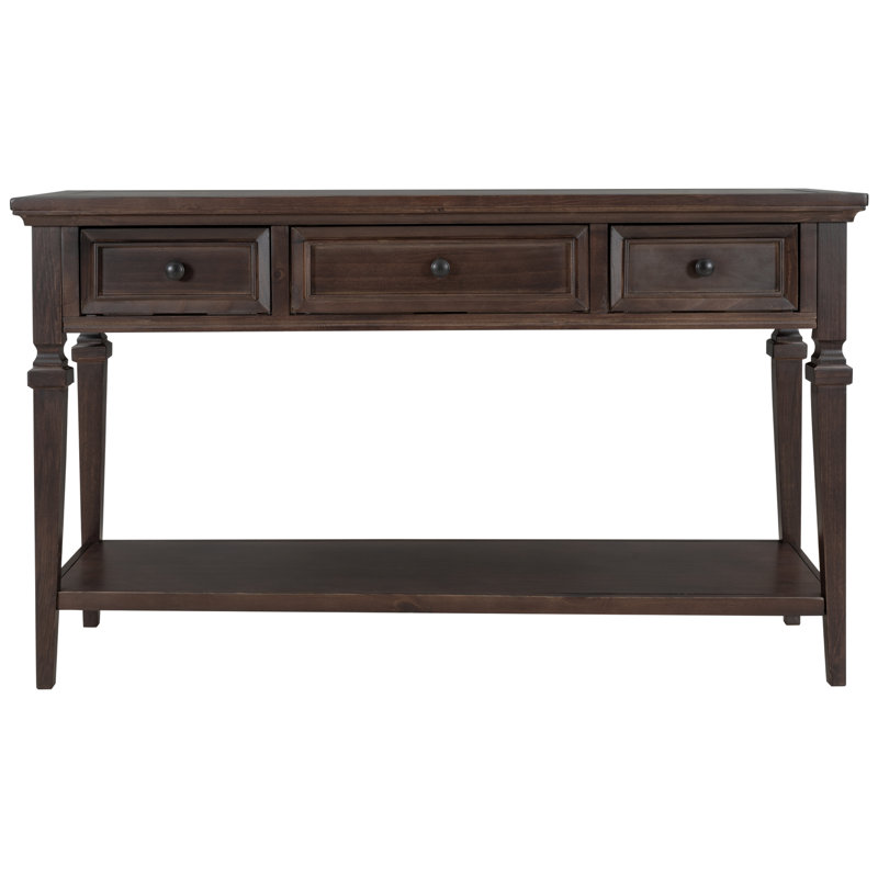 Console de style rétro classique avec trois tiroirs supérieurs et tablette inférieure ouverte, Espresso