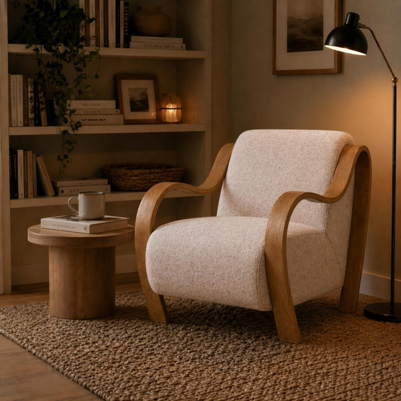 Fauteuil d'appoint Curva Luxe, Blanc, Bois naturel