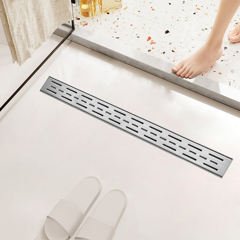 Drain de plancher de douche rectangulaire en acier inoxydable nickel brossé, drain linéaire de 30 pouces avec pieds de nivellement, crépine, grille à motif de bar amovible