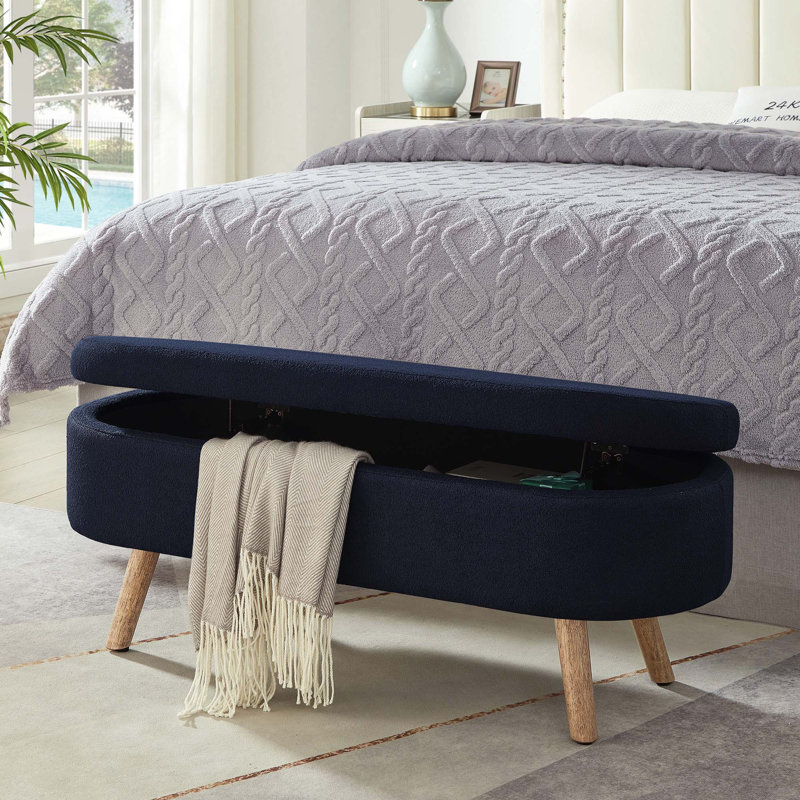 Luxury Oval Boucle Storage Ottoman Bench With Wood Legs & Safety Hinge For Living Room, Bedroom, Entryway, Navy Blue