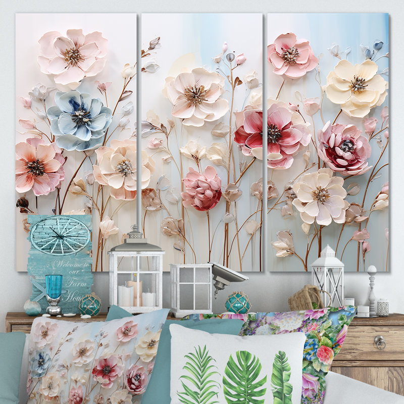 Blanc et rose, merveille florale - art mural floral, Toile tendue, H 32 po x l 48 po x P 1 po