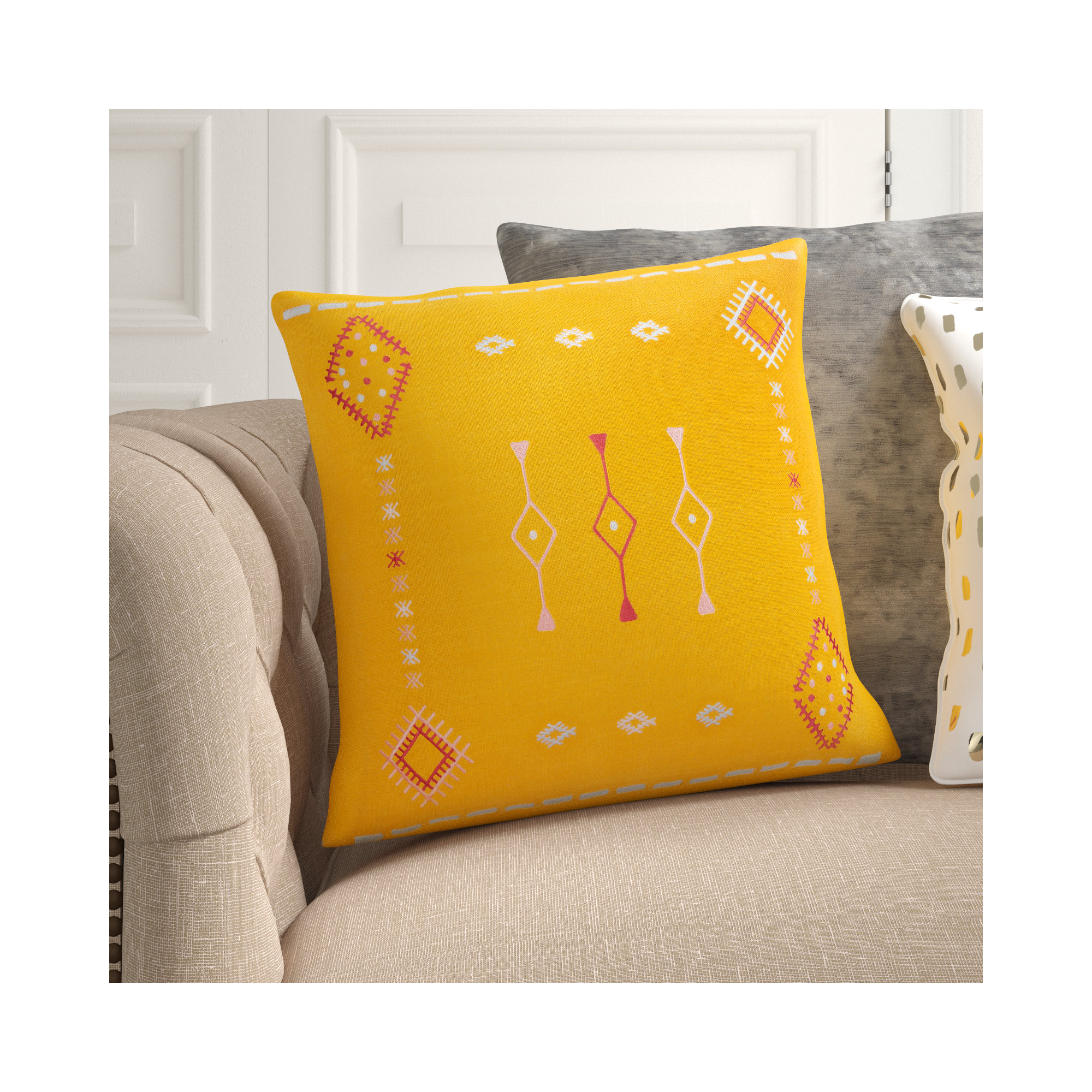 Decatur Embroidered Cotton Throw Pillow, Mustard/Dusty Pink/Pale Blue, 18" x 18", Down