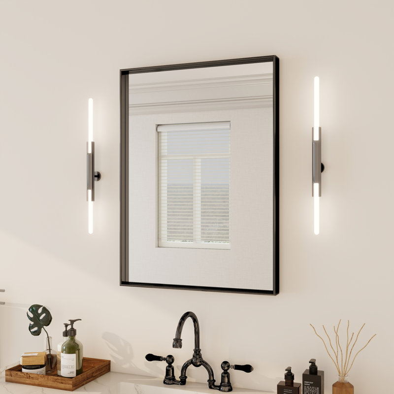 Rectangular Straight-Angled Aluminum Framed Wall-Mounted Bathroom Mirror In Matte Black, 30" x 22"