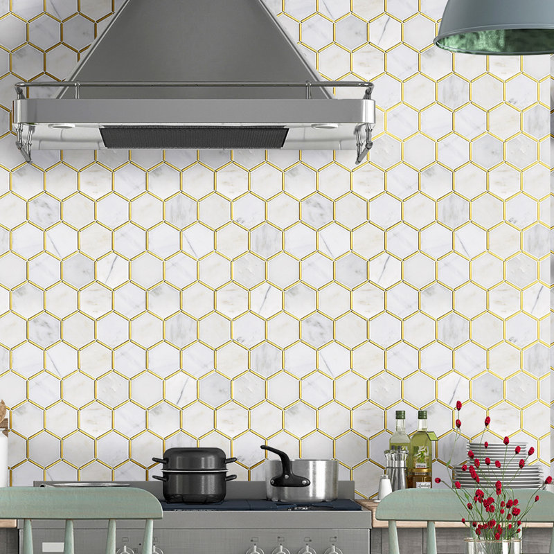 Natural Bianco 3" x 3" Marble Honeycomb Mosaic Wall Tile, White/Gold
