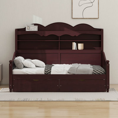 Twin Size Daybed With Storage Drawers, Sturdy Wooden Twin Bed Frame With Storage Headboard Shelving, Retro Style