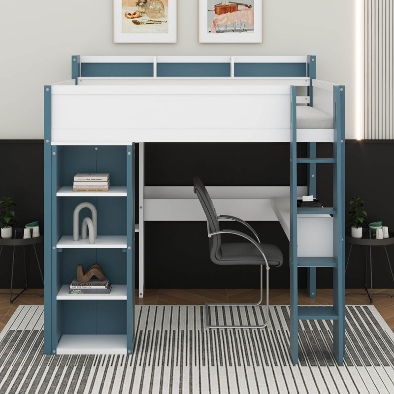 Full Size Wood Loft Bed With Shelves, Clothes Rails And Desk, White/Blue