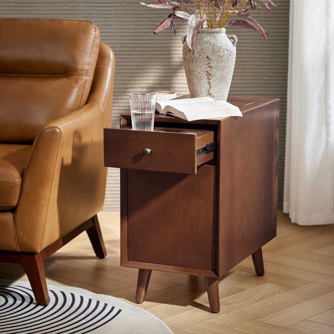 Quintavion 14"W Mid-Century Modern End Table With Storage And Built-In Outlets George Oliver 