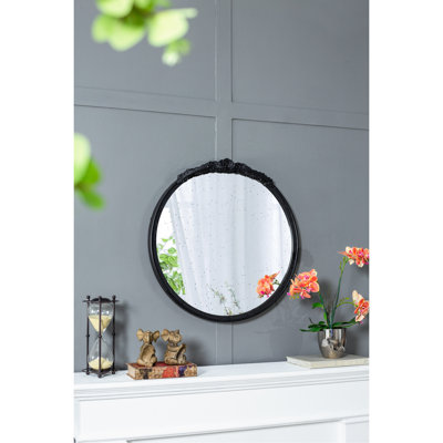 Cadre de miroir rond noir à main rose, 30 po x 30 po, pour espace de vie, mur d'entrée noir, salle de bain convenable, espace