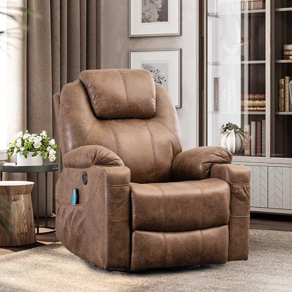 Vegan Leather Manual Swivel Rocker Glider Recliner Chair with Massage & Heat, Lumbar Pillow Included Ebern Designs Leather Type: Brown Faux Leather