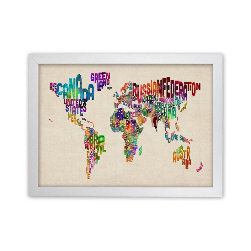 Text Map Of The World by Michael Tompsett - Print, White Framed, 64cm H x 88cm W x 3cm D