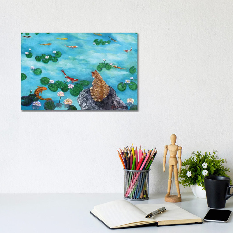 Orange Cat At Koi Pond by Laura Iverson - Painting on Canvas, Wrapped Canvas, 20.32cm H x 30.48cm W x 1.91cm D