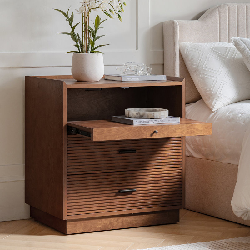 Plateau de table coulissant avec lumière USB et DEL Gatewood Mid-Century H 29 po, Noyer