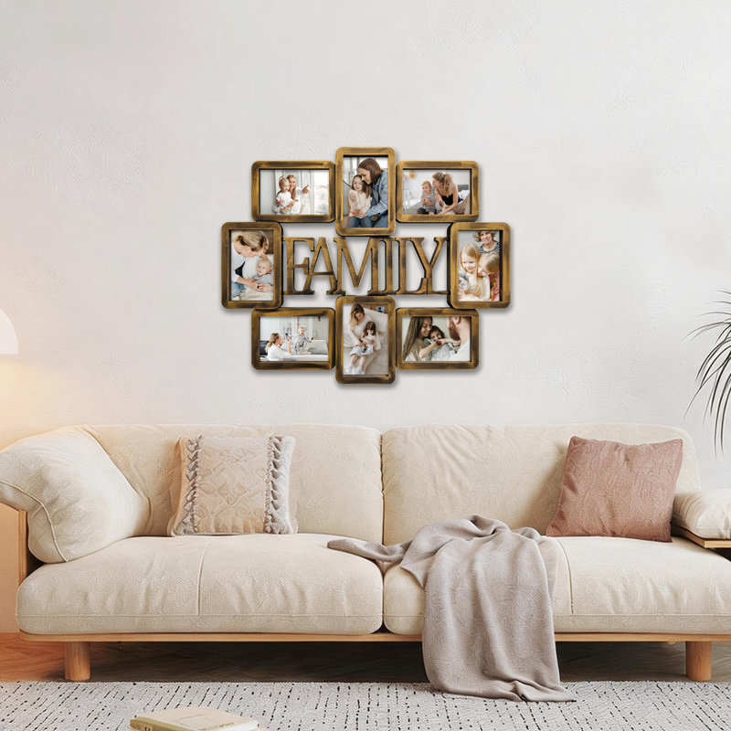 Cadre 8 photos en PVC blanc avec collage de famille avec centre de lettres 3D Family, cadre mural irrégulier pour photos de famille uniformes 4 x 6, doré